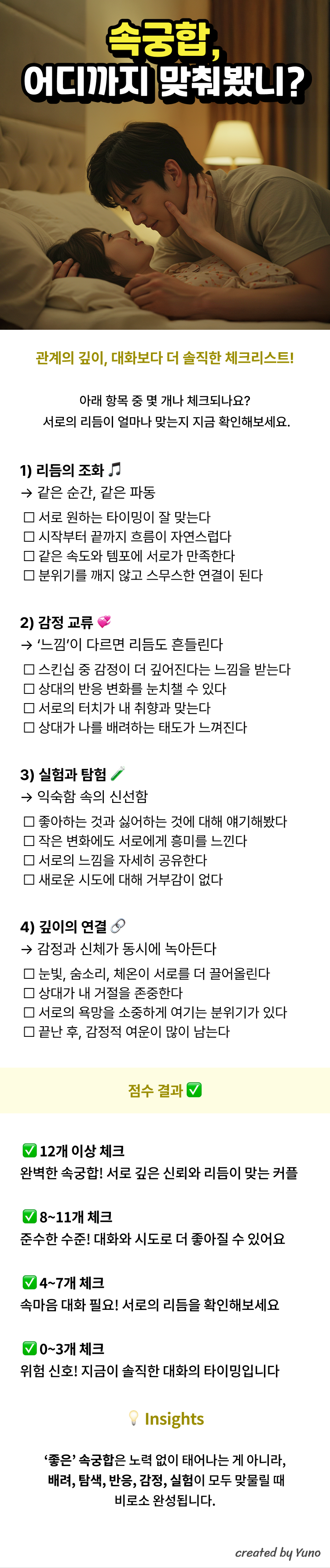 속궁합, 어디까지 맞춰봤니?  관계의 깊이, 대화보다 더 솔직한 체크리스트! 아래 항목 중 몇 개나 체크되나요? 서로의 리듬이 얼마나 맞는지 지금 확인해보세요.  1. 리듬의 조화 같은 순간, 같은 파동  ☐ 서로 원하는 타이밍이 잘 맞는다  ☐ 시작부터 끝까지 흐름이 자연스럽다  ☐ 같은 속도와 템포에 서로가 만족한다  ☐ 분위기를 깨지 않고 스무스한 연결이 된다  2. 감정 교류 ‘느낌’이 다르면 리듬도 흔들린다  ☐ 스킨십 중 감정이 더 깊어진다는 느낌을 받는다  ☐ 상대의 반응 변화를 눈치챌 수 있다  ☐ 서로의 터치가 내 취향과 맞는다  ☐ 상대가 나를 배려하는 태도가 느껴진다  3. 실험과 탐험 익숙함 속의 신선함  ☐ 좋아하는 것과 싫어하는 것에 대해 얘기해봤다  ☐ 작은 변화에도 서로에게 흥미를 느낀다  ☐ 서로의 느낌을 자세히 공유한다  ☐ 새로운 시도에 대해 거부감이 없다  4. 깊이의 연결 감정과 신체가 동시에 녹아든다  ☐ 눈빛, 숨소리, 체온이 서로를 더 끌어올린다  ☐ 상대가 내 거절을 존중한다  ☐ 서로의 욕망을 소중하게 여기는 분위기가 있다  ☐ 끝난 후, 감정적 여운이 많이 남는다  점수 결과 12개 이상 체크: 완벽한 속궁합! 서로 깊은 신뢰와 리듬이 맞는 커플 8~11개 체크: 준수한 수준! 대화와 시도로 더 좋아질 수 있어요 4~7개 체크: 속마음 대화 필요! 서로의 리듬을 확인해보세요 0~3개 체크: 위험 신호! 지금이 솔직한 대화의 타이밍입니다  💡 Insights ‘좋은’ 속궁합은 노력 없이 태어나는 게 아니라, 배려, 탐색, 반응, 감정, 실험이 모두 맞물릴 때 비로소 완성됩니다.