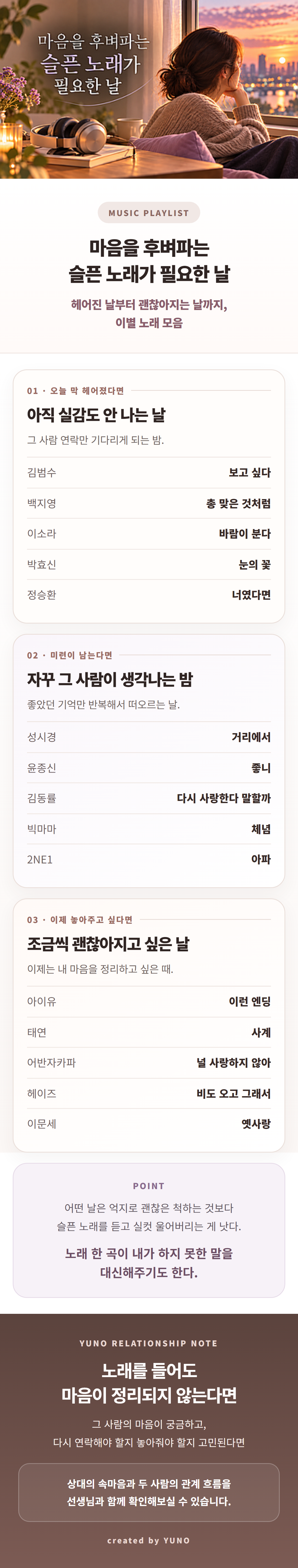 이별 후 마음이 힘든 날 듣기 좋은 슬픈 노래 추천. 헤어진 직후, 전 연인이 자꾸 생각나는 미련의 시기, 마음을 정리하고 싶은 시기로 나누어 김범수 보고 싶다, 백지영 총 맞은 것처럼, 성시경 거리에서, 윤종신 좋니, 아이유 이런 엔딩 등 이별 노래를 추천하는 연애 콘텐츠.